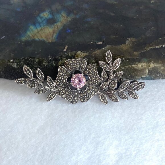VTG Sterling Silver 925 Marcasite & Round Pink CZ Flower Leaf Foliage Brooch - Picture 5 of 16